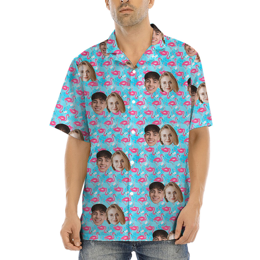 Custom Couple Faces Flamingo Blue Hawaiian Shirt - variant image 1