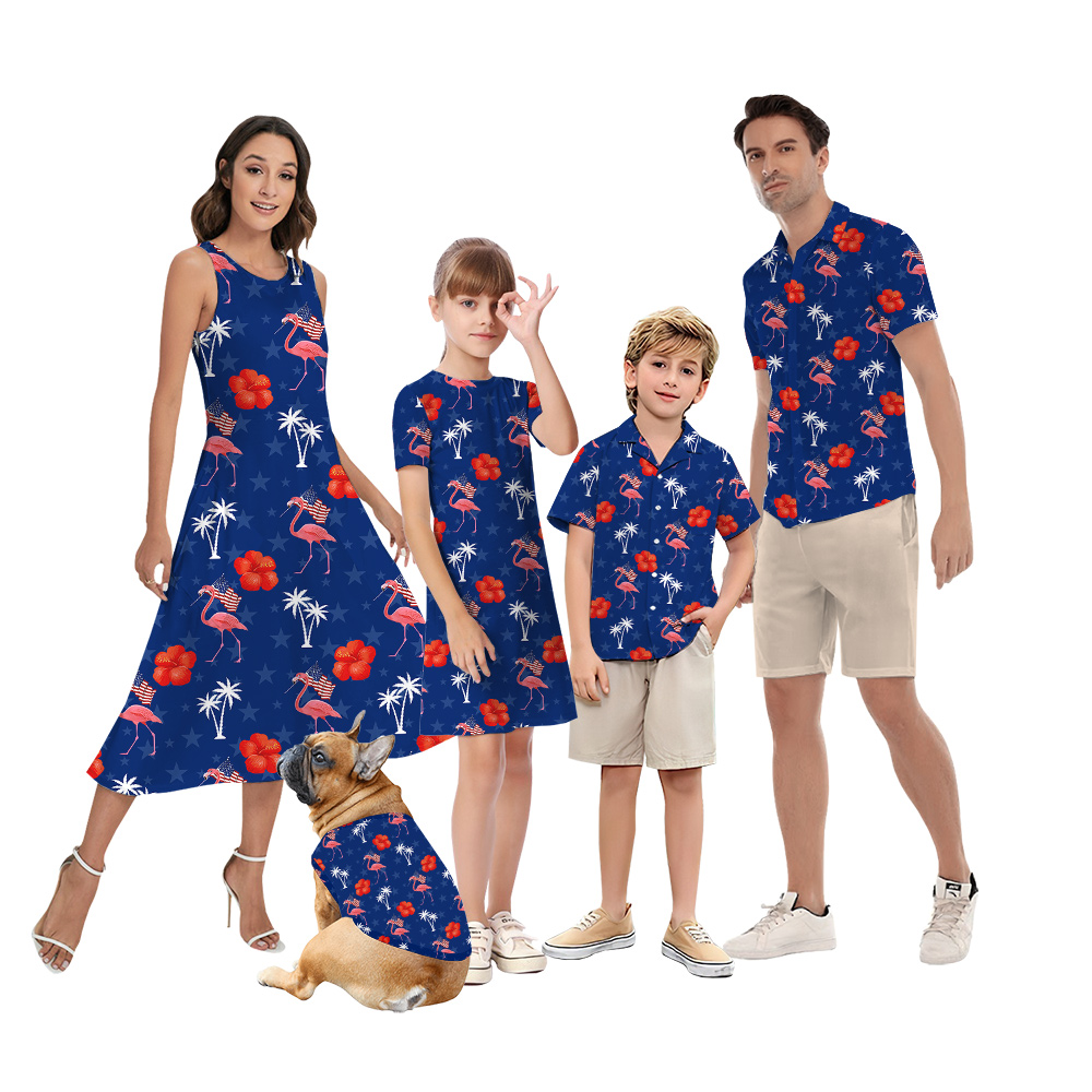 Patriotic Flamingo Floral Navy Matching Hawaiian Outfits For Family - variant image 1