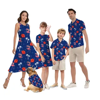 Patriotic Flamingo Floral Navy Matching Hawaiian Outfits For Family