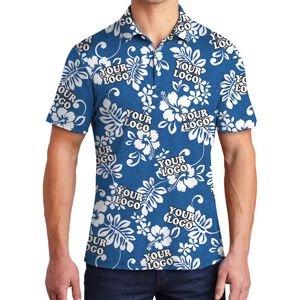 Blue Custom Logo Hawaiian Polo Golf Shirt For Men - variant image 1