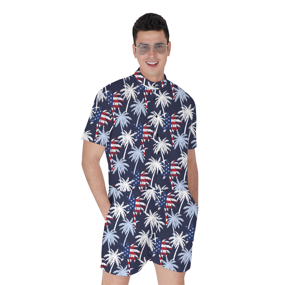 Tropical Palm Trees Patriotic Navy Romper For Men - variant image 1