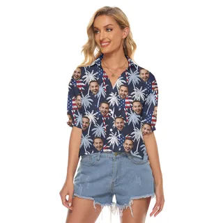 Tropical Palm Trees 4th Of July Women's Cropped Shirt With Custom Face