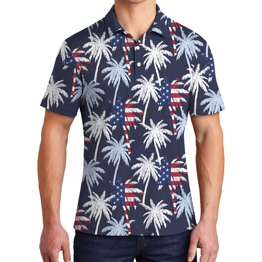 4th Of July Tropical Palm Tree Navy Men's Polo Shirt - variant image 1