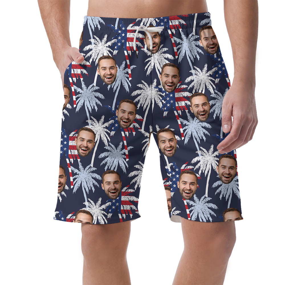 Funny Custom Face 4th Of July Palm Tree Hawaiian Beach Shorts For Men - variant image 1