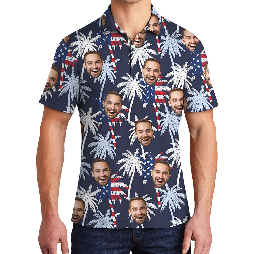 Custom Face Tropical Palm Tree American Flag Men's Polo Shirt - variant image 1