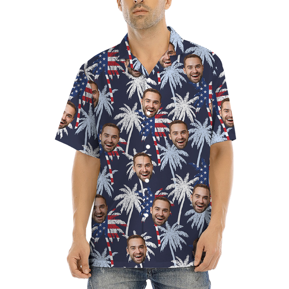 Palm Trees American Flag Custom Face Hawaiian Shirt Theme 4th Of July - variant image 1
