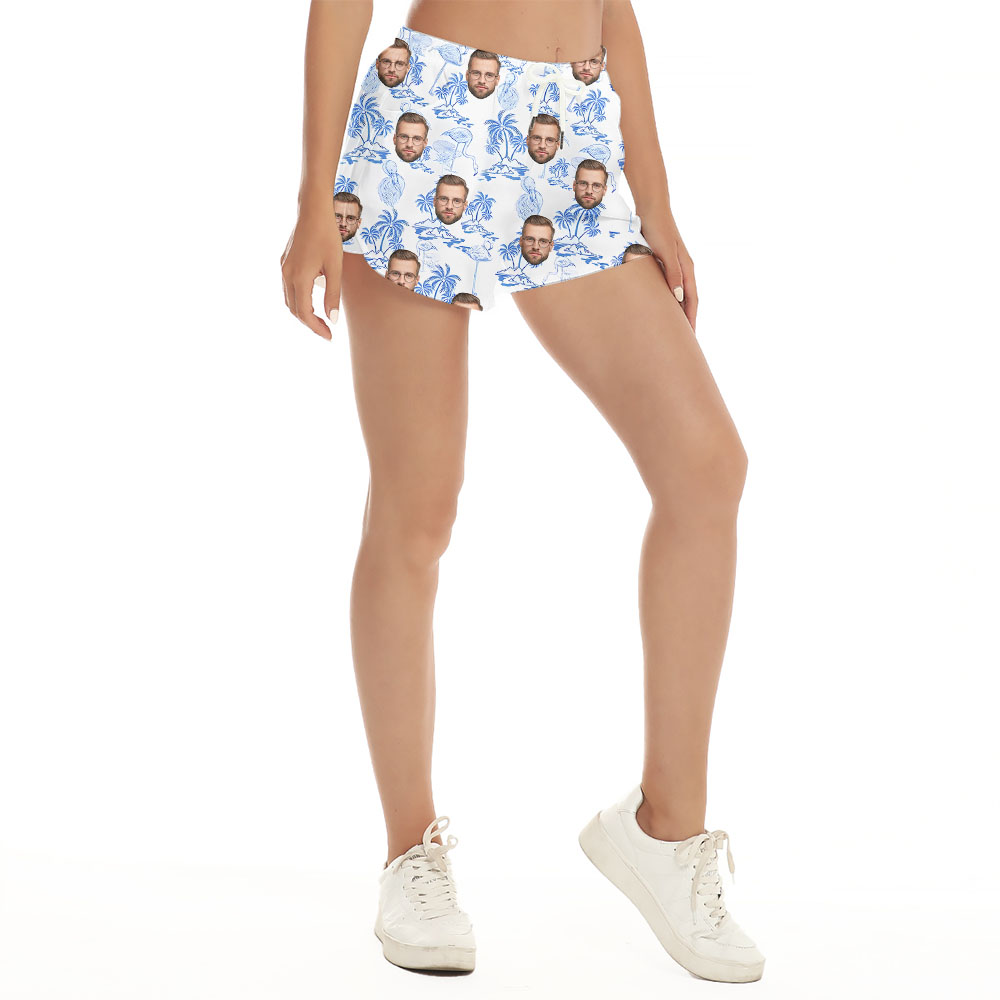 Custom Face Women Beach Shorts White And Blue Flamingo