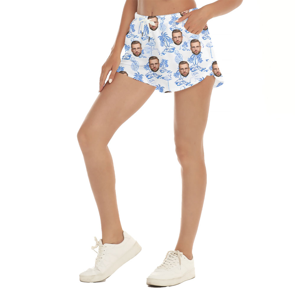 Custom Face Women Beach Shorts White And Blue Flamingo