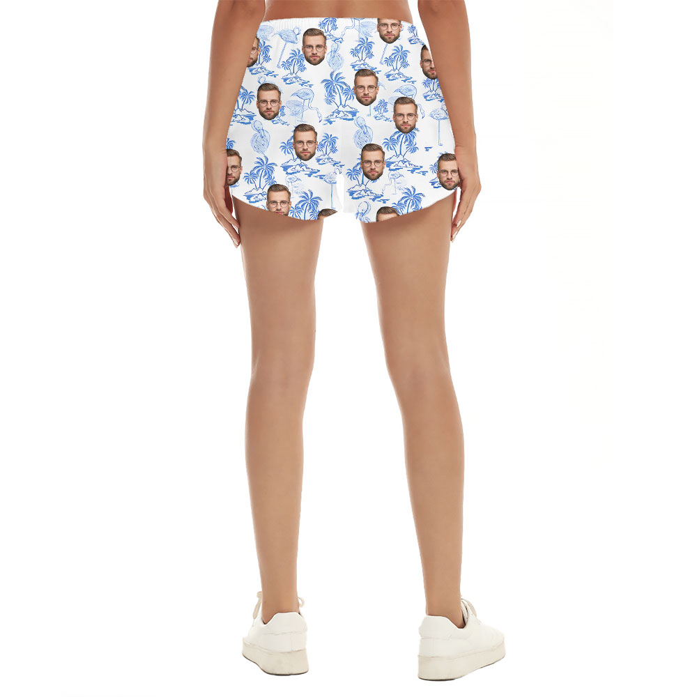 Custom Face Women Beach Shorts White And Blue Flamingo