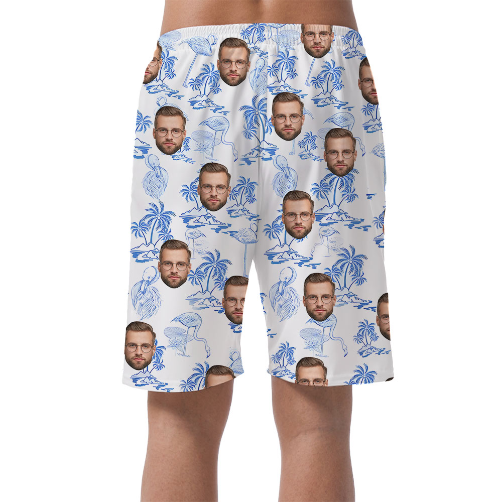 Flamingo Men's Shorts White And Blue With Faces