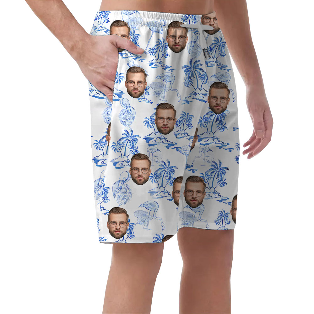 Flamingo Men's Shorts White And Blue With Faces