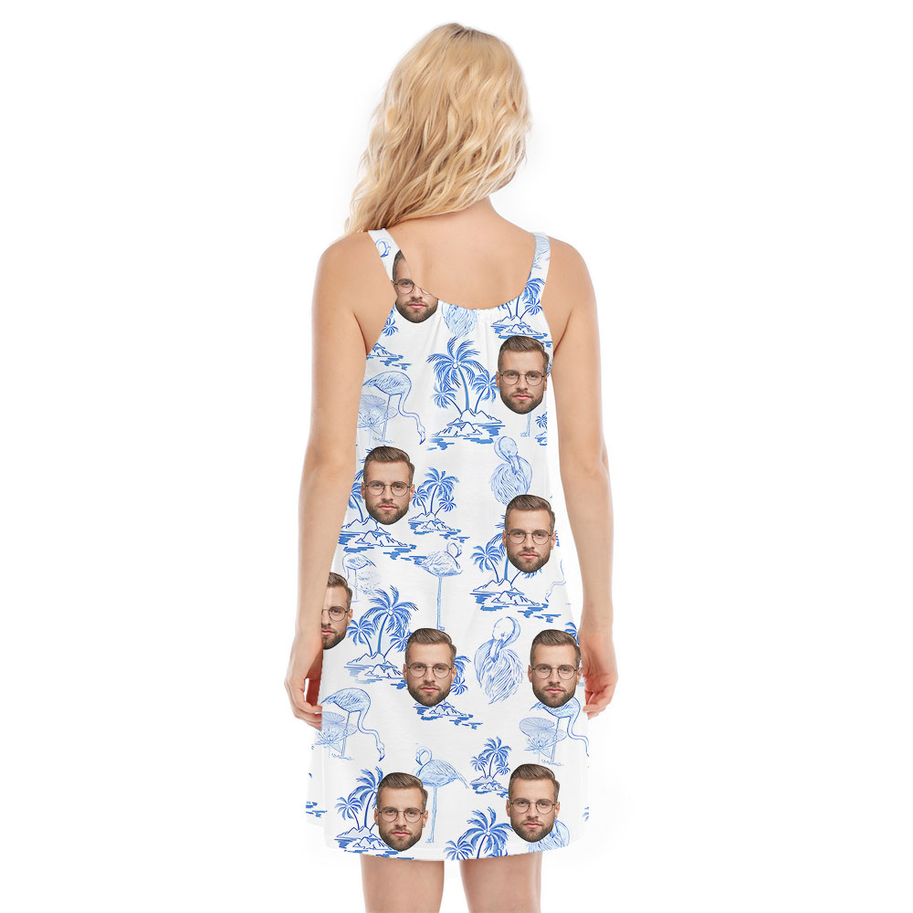 White And Blue Flamingo Cami Dress With 4 Different Faces