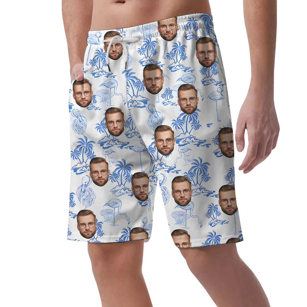 Flamingo Men's Shorts White And Blue With Faces