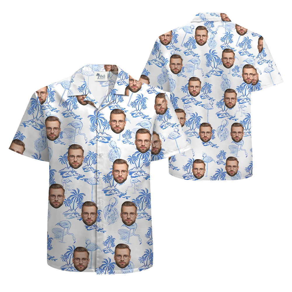 Flamingo Palm Blue Hula Shirt With 1-4 Faces