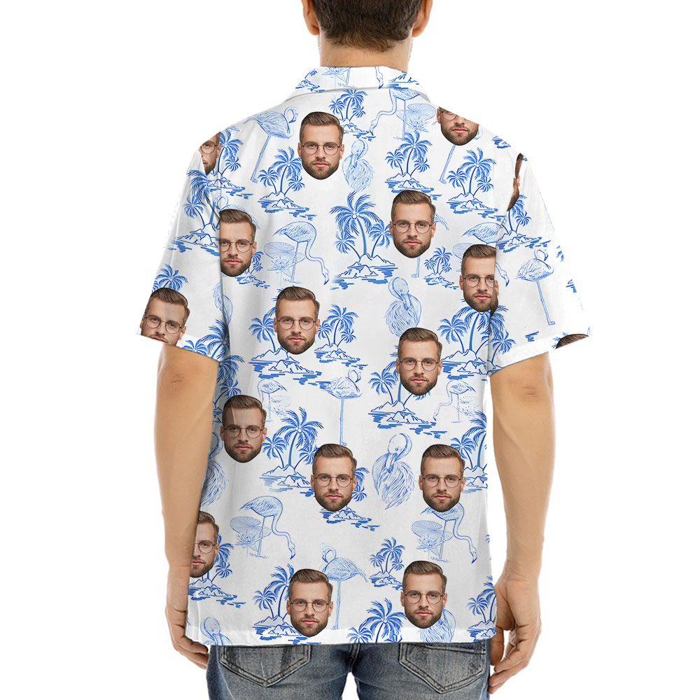 Flamingo Palm Blue Hula Shirt With 1-4 Faces
