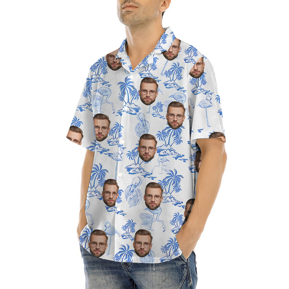 Flamingo Palm Blue Hula Shirt With 1-4 Faces