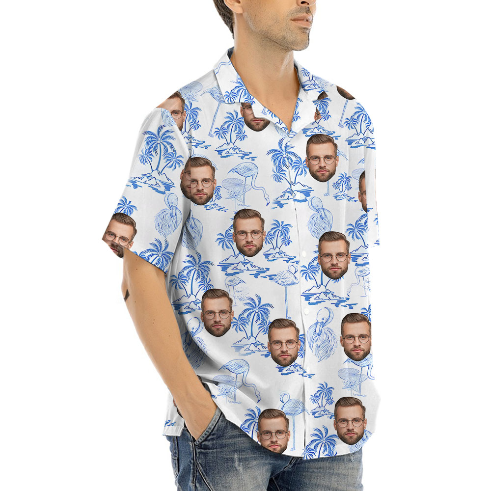 Flamingo Palm Blue Hula Shirt With 1-4 Faces