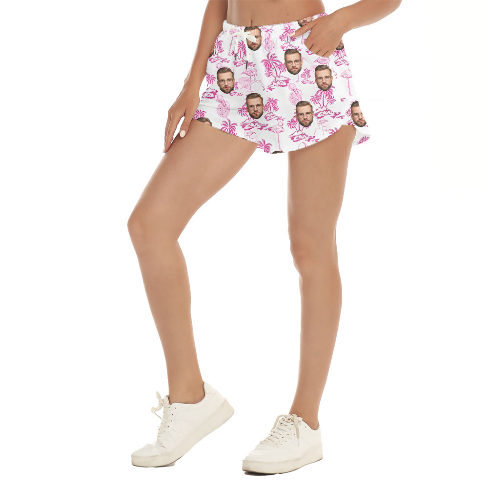 Custom Face Women's Beach Shorts With Pink Flamingo