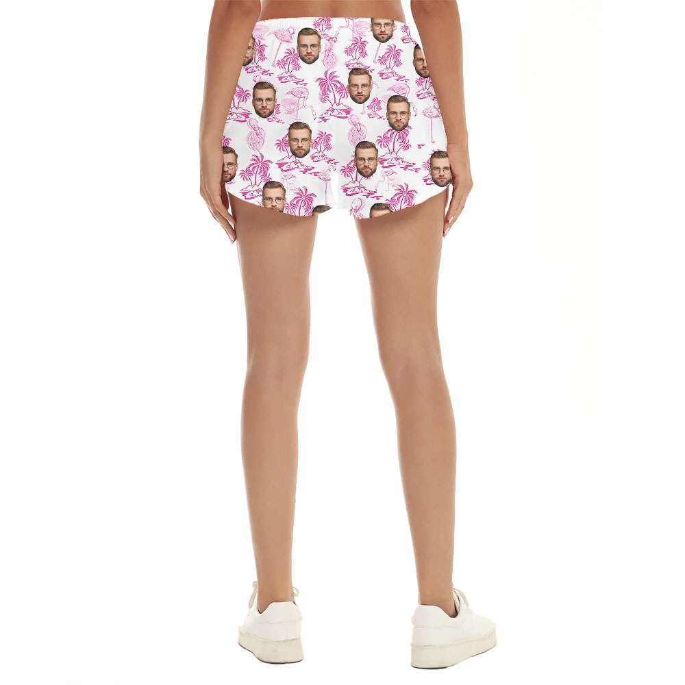 Custom Face Women's Beach Shorts With Pink Flamingo