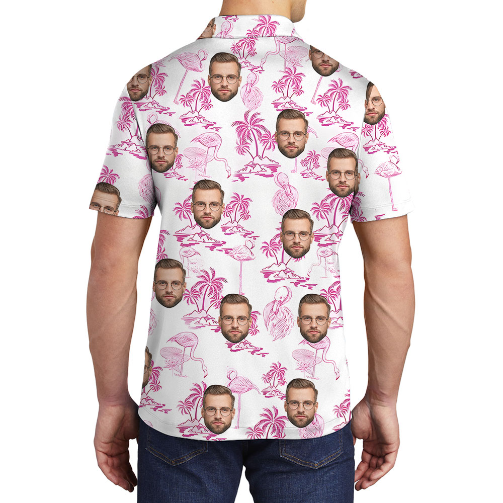 Custom Face Men's Polo Shirt With Pink Flamingo And Beach