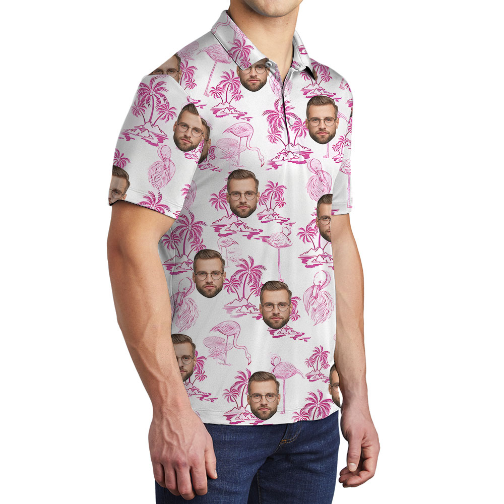 Custom Face Men's Polo Shirt With Pink Flamingo And Beach