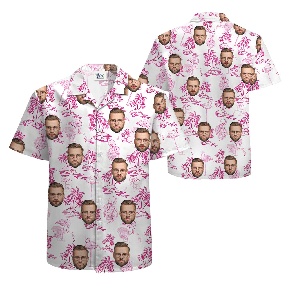 Flamingo Beach Themed Button Up Shirt With 1-4 Faces