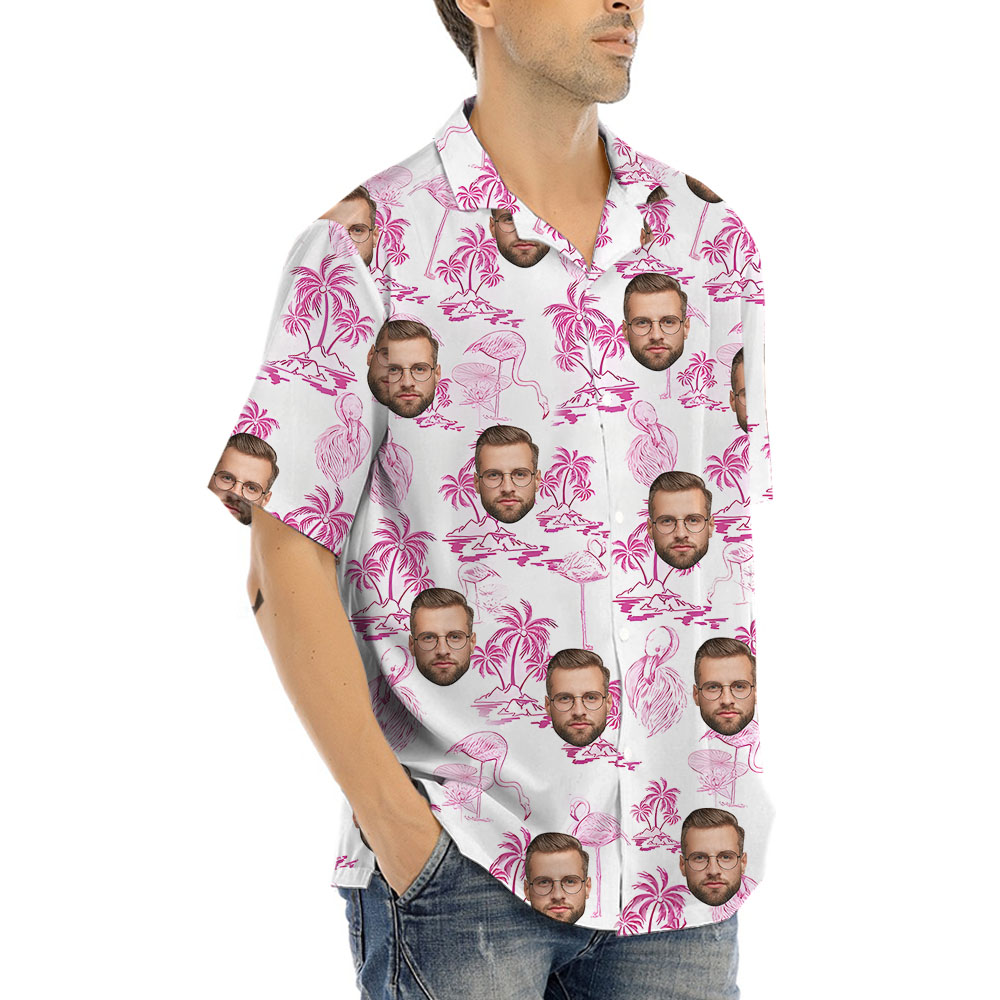 Flamingo Beach Themed Button Up Shirt With 1-4 Faces
