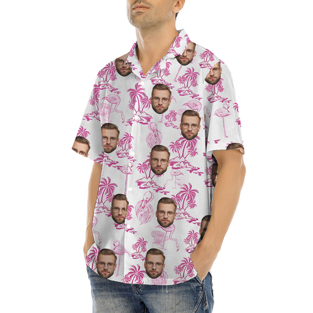 Flamingo Beach Themed Button Up Shirt With 1-4 Faces