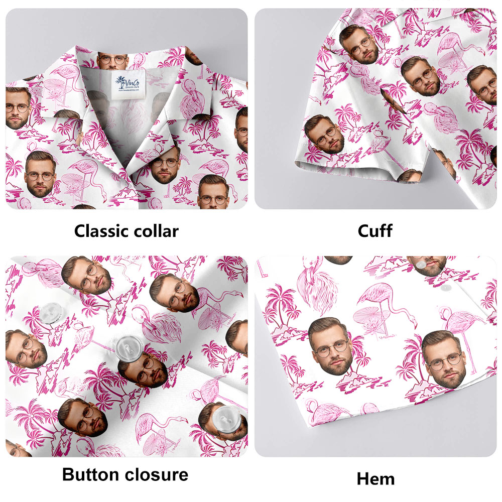 Flamingo Beach Themed Button Up Shirt With 1-4 Faces