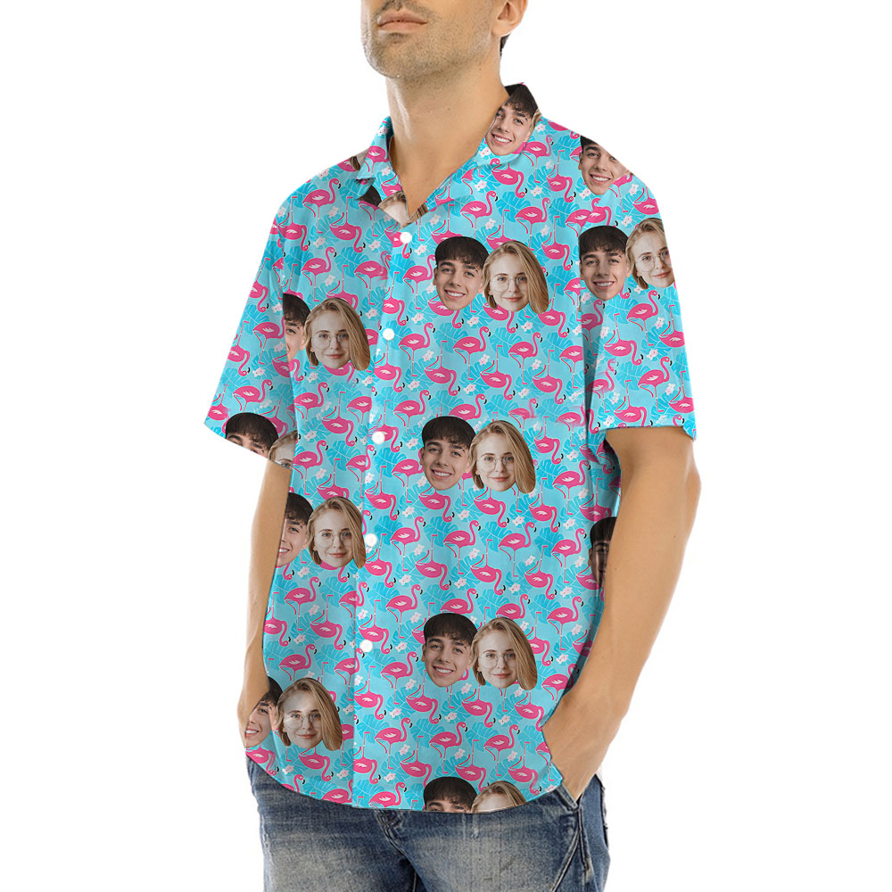Custom Couple Faces Flamingo Blue Hawaiian Shirt