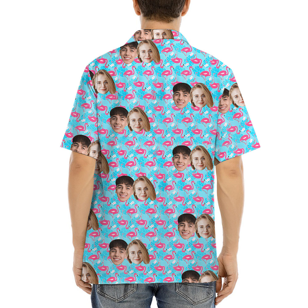 Custom Couple Faces Flamingo Blue Hawaiian Shirt