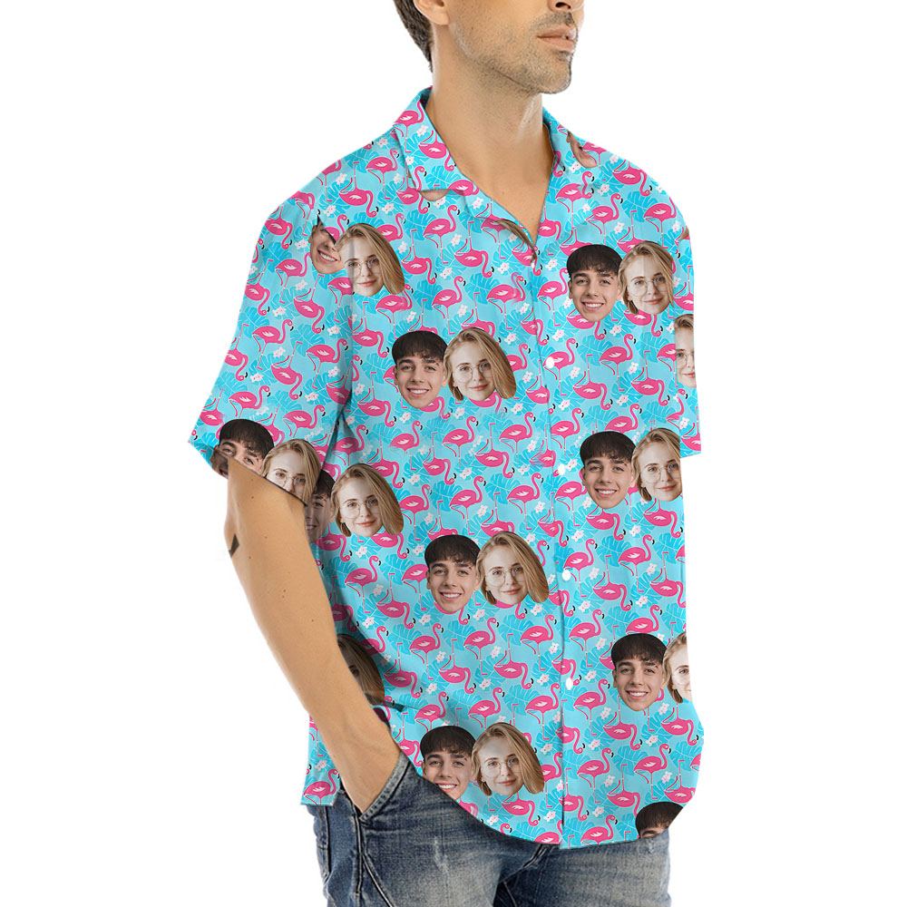 Custom Couple Faces Flamingo Blue Hawaiian Shirt