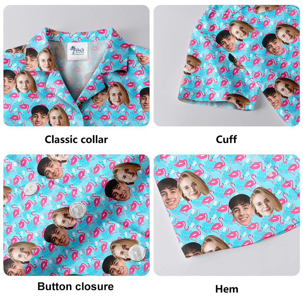 Custom Couple Faces Flamingo Blue Hawaiian Shirt