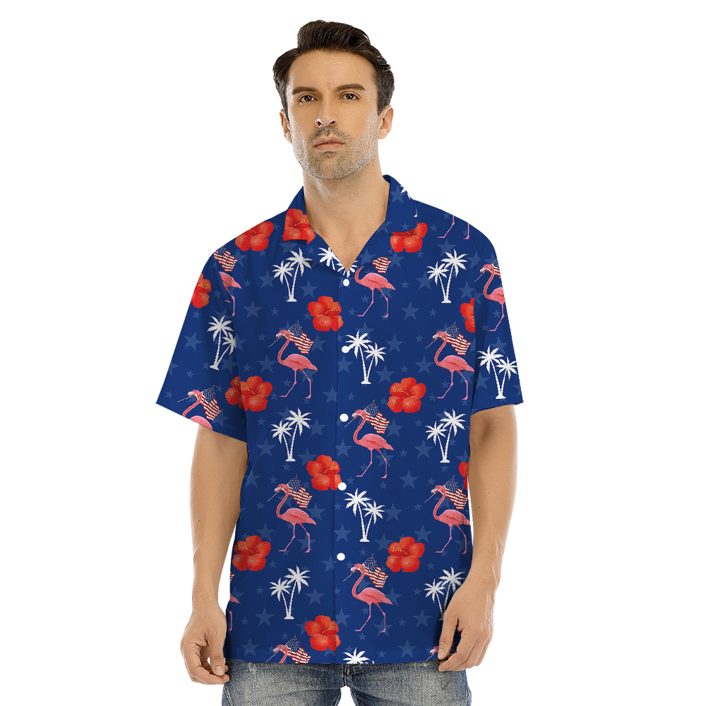 Patriotic Flamingo Floral Navy Matching Hawaiian Outfits For Family