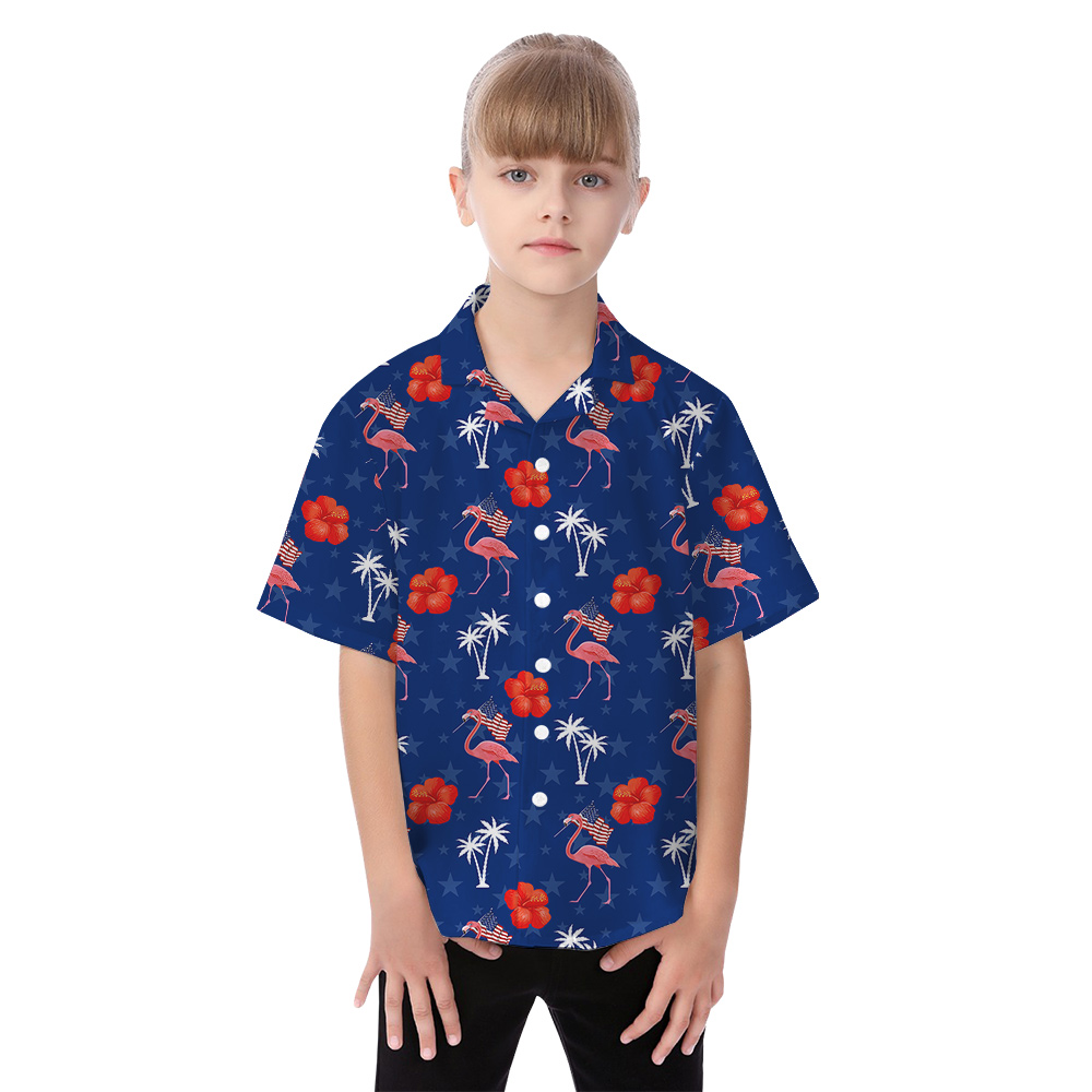 Patriotic Flamingo Floral Navy Matching Hawaiian Outfits For Family
