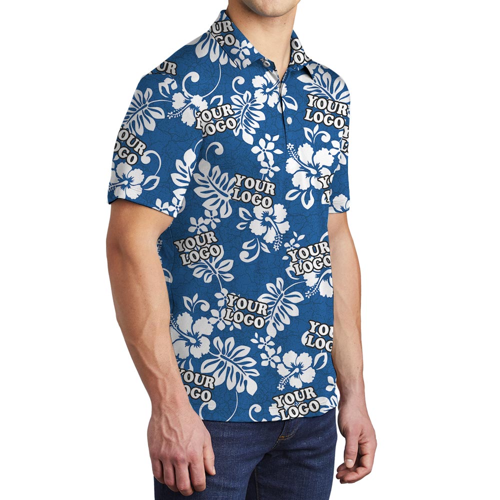 Blue Custom Logo Hawaiian Polo Golf Shirt For Men