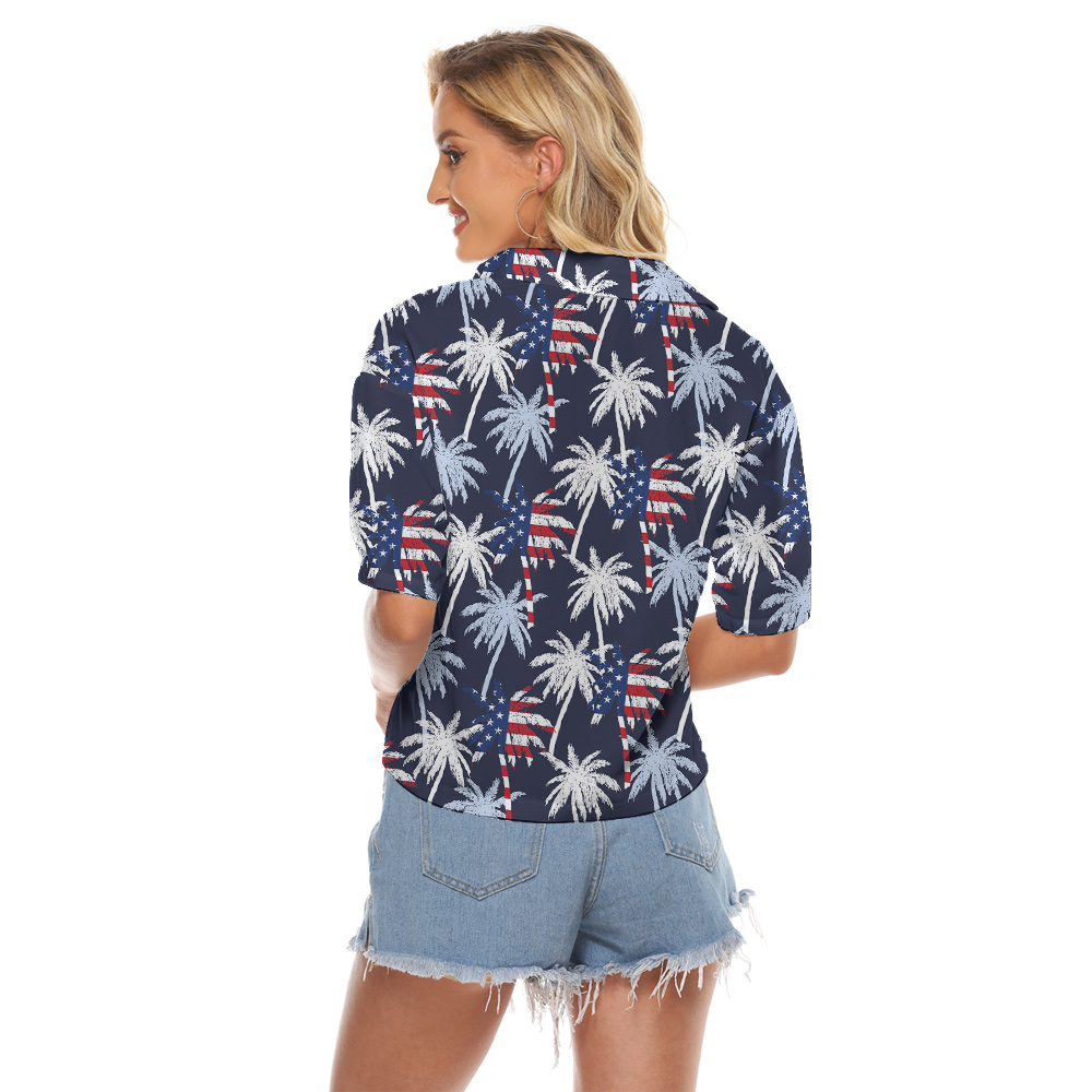 American Flag Tropical Palm Tree Blue Women's Cropped Shirt