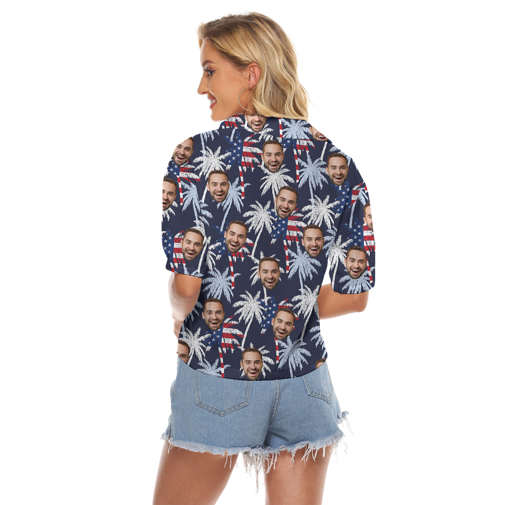 Tropical Palm Trees 4th Of July Women's Cropped Shirt With Custom Face