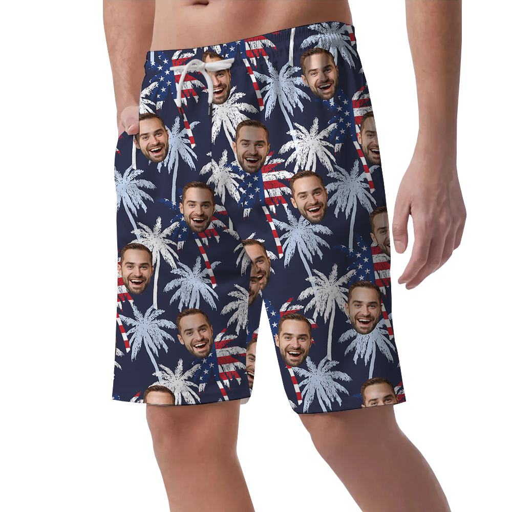 Funny Custom Face 4th Of July Palm Tree Hawaiian Beach Shorts For Men