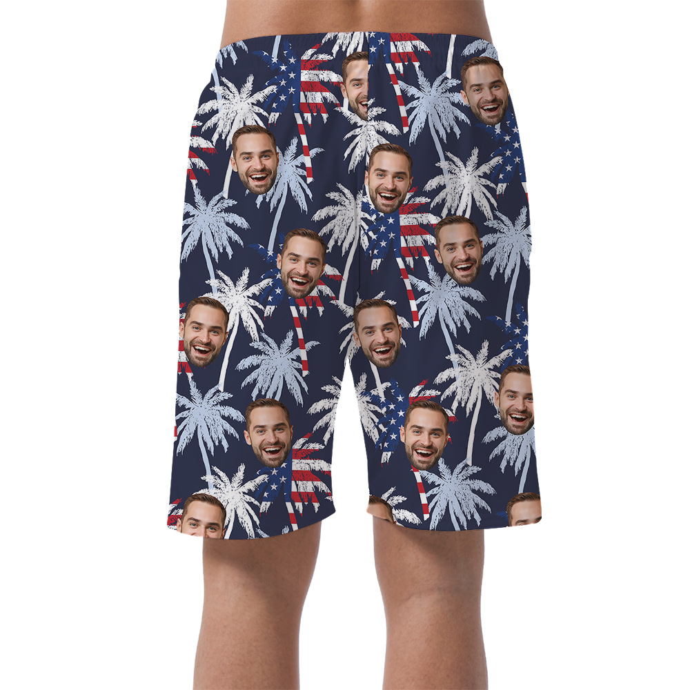Funny Custom Face 4th Of July Palm Tree Hawaiian Beach Shorts For Men