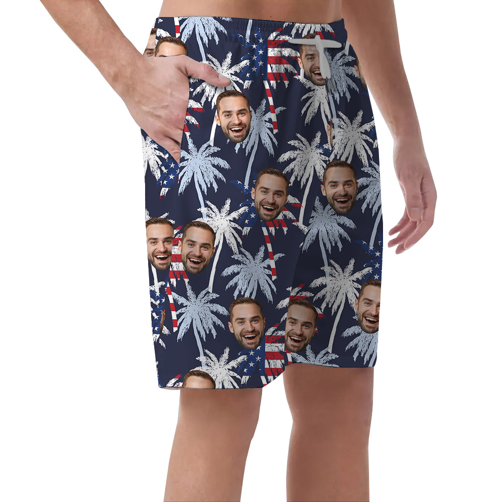 Funny Custom Face 4th Of July Palm Tree Hawaiian Beach Shorts For Men