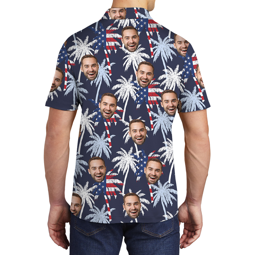 Custom Face Tropical Palm Tree American Flag Men's Polo Shirt