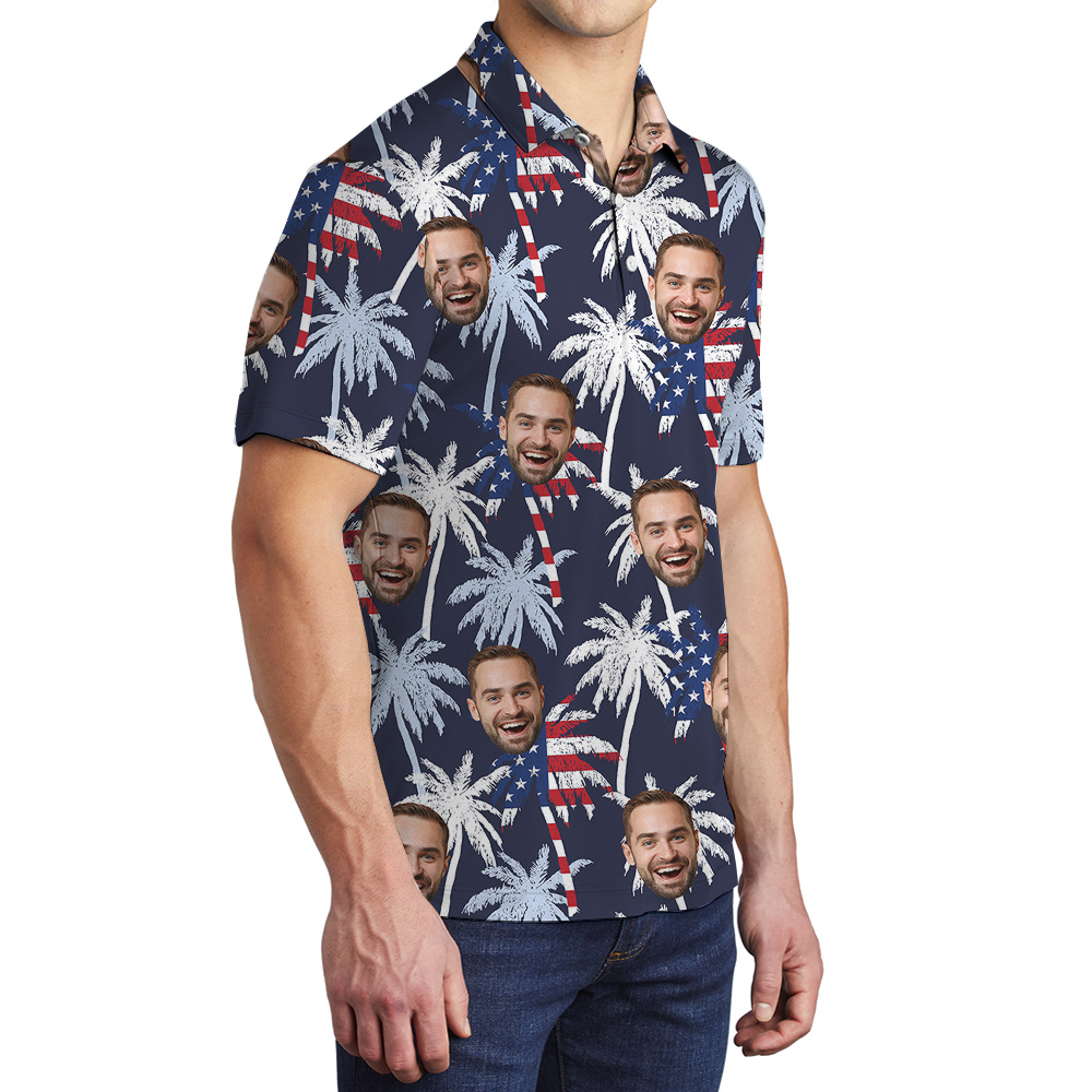 Custom Face Tropical Palm Tree American Flag Men's Polo Shirt