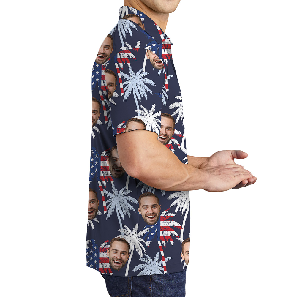 Custom Face Tropical Palm Tree American Flag Men's Polo Shirt