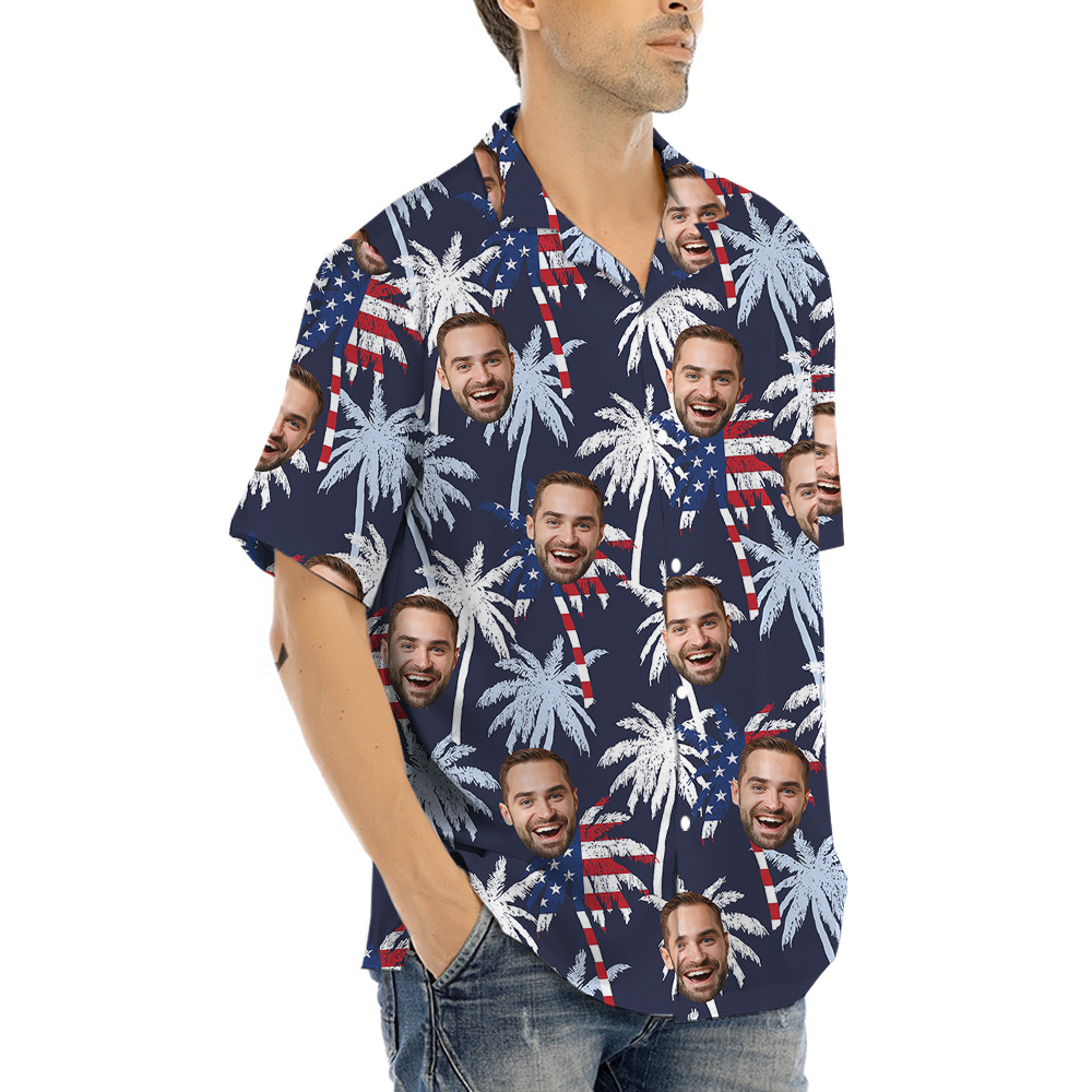 Palm Trees American Flag Custom Face Hawaiian Shirt Theme 4th Of July