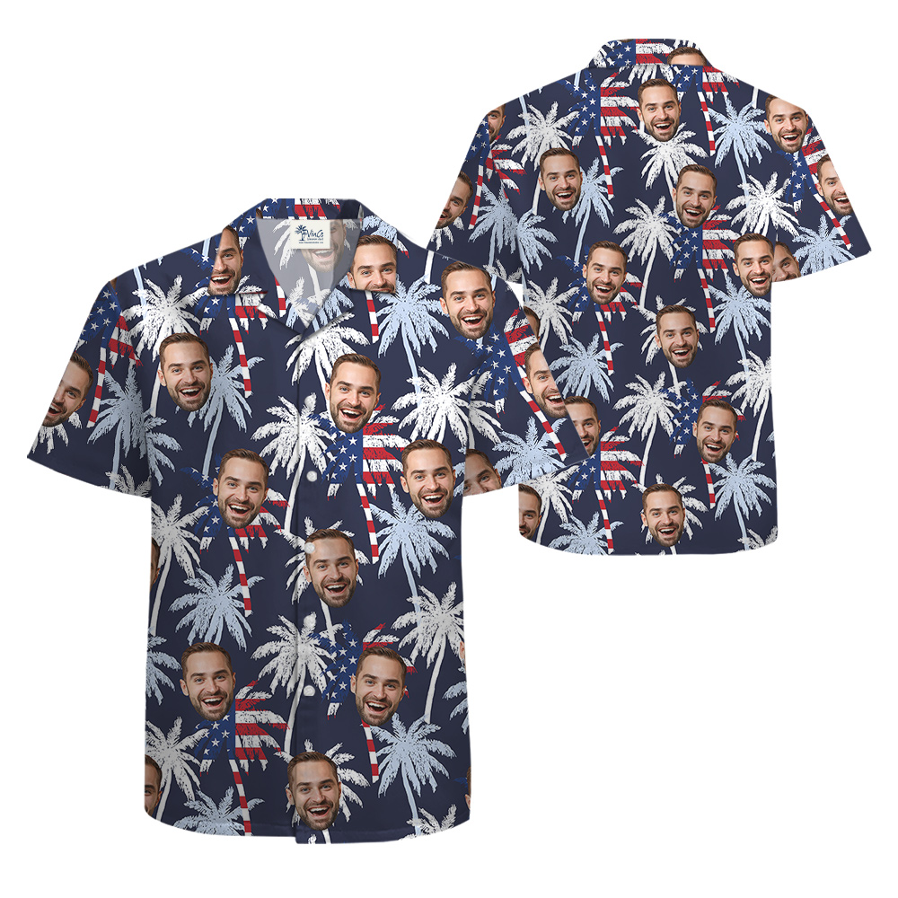 Palm Trees American Flag Custom Face Hawaiian Shirt Theme 4th Of July