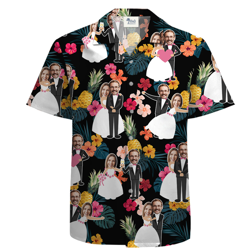Custom Bride and Groom Faces Wedding Cotton Hula Shirt - variant image 1