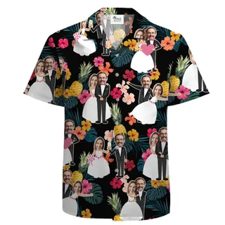 Custom Bride and Groom Faces Wedding Cotton Hula Shirt