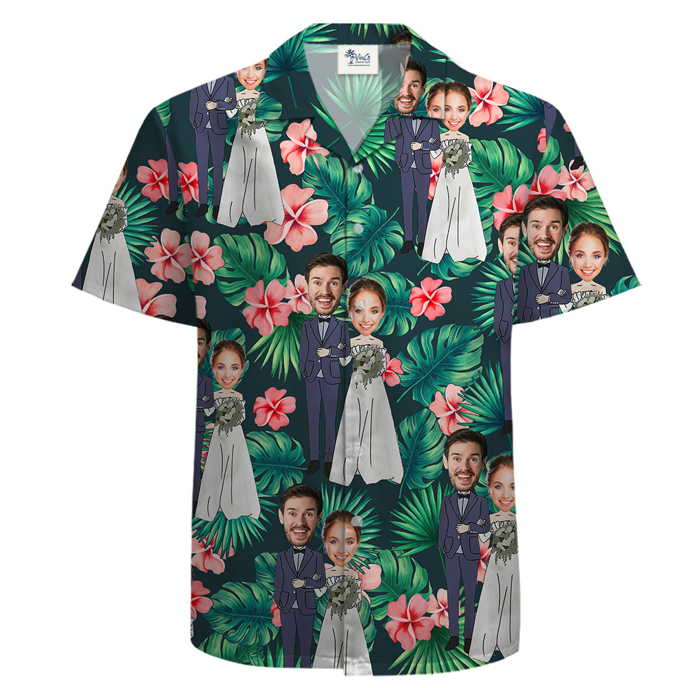 Custom Face Wedding Couple Cotton Tropical Button Up Shirt - variant image 1