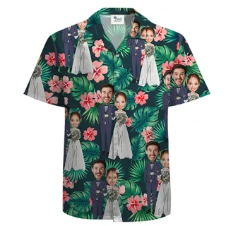 Custom Face Wedding Couple Cotton Tropical Button Up Shirt